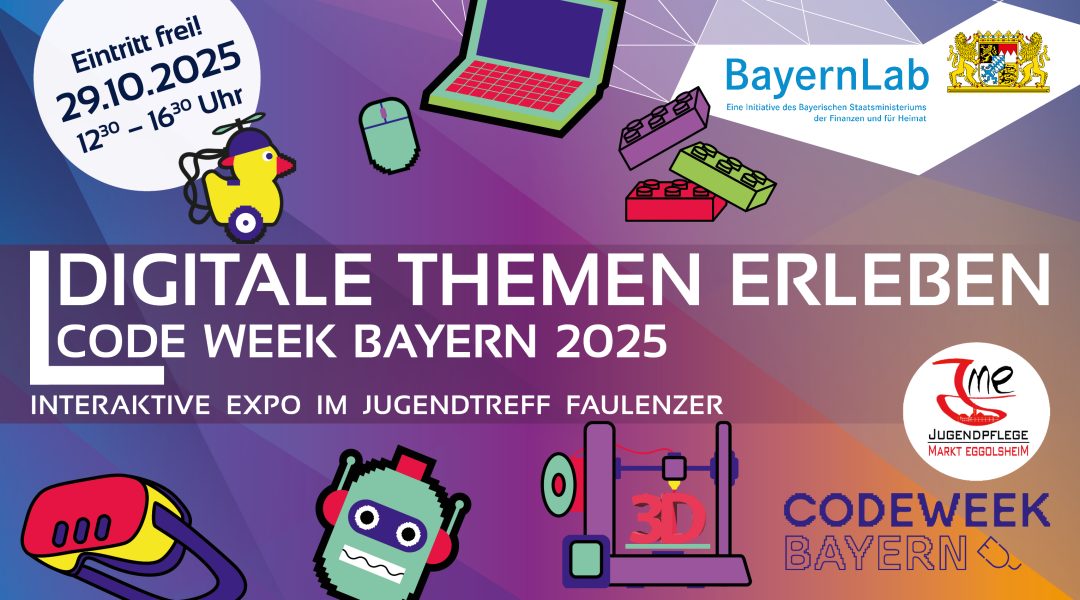 Veranstaltungsgraphik zur Code Week Bayern 2025 - BayernLab Forchheim on Tour. Bunter Hintergrund mit verschiedenen bunten Aufklebern im Codeweek Design, sehr einfach und bunt. Zu sehen ist ein Laptop mit Maus, eine Roboter Ente, ein Hüpfer-Roboter, Lego Steine, ein 3D-Drucker, eine VR-Brille und ein Roboterkopf. In einem Kreis steht der Text 