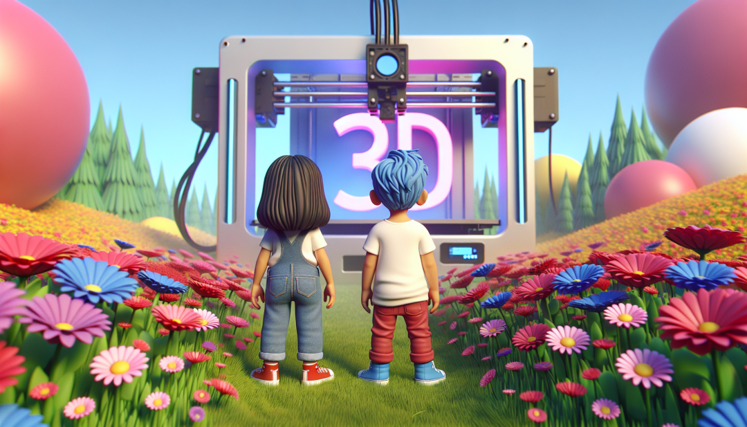 Comic-Stil. 2 Kinder stehen auf einer Blumenwiese und schauen auf einen 3D-Drucker. Links und rechts am Bildrand sind große weiße und rostbraune kugelförmige Gebilde.